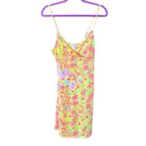 Natori Floral Print and Embroidered Chemise Satin Slip Dress M